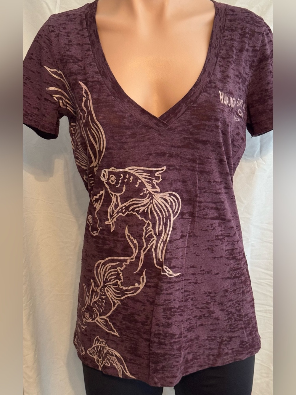 Y2K Kauai Hawaii Women's V-Neck Burnout Tee with Koi Fish Print - Purple
